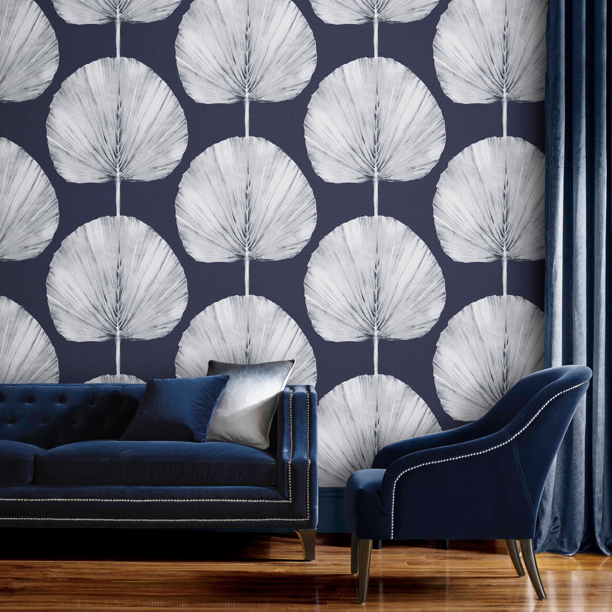 Palm Fan Wallpaper 112195 By Graham Brown In Navy Blue